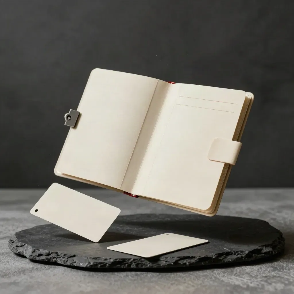 Ivory GDPR audit pack hovering above slate stone with loose cards and a clipped evidence wallet