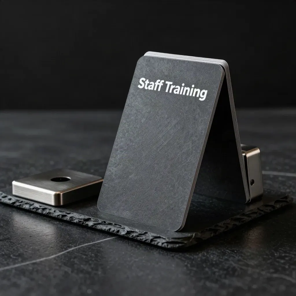 Slate training-call kit with a lifted card deck, timer, and closed note block in a dark studio