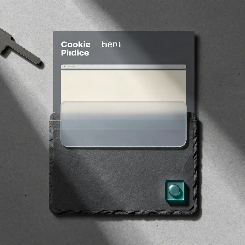 Overhead flatlay of a cookie policy update kit on concrete with teal acrylic accents.