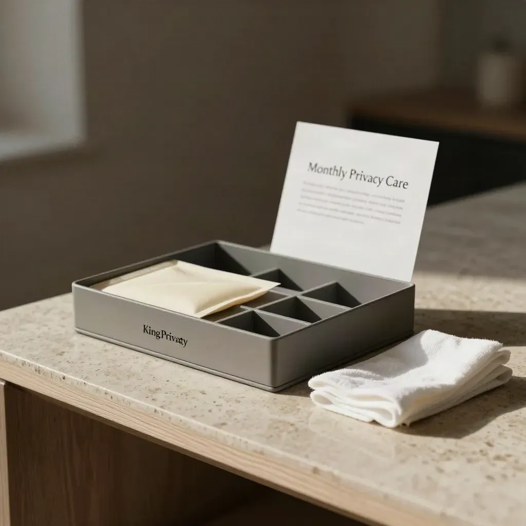 Privacy retainer kit on travertine with pouch, divider blocks and cloth in soft haze